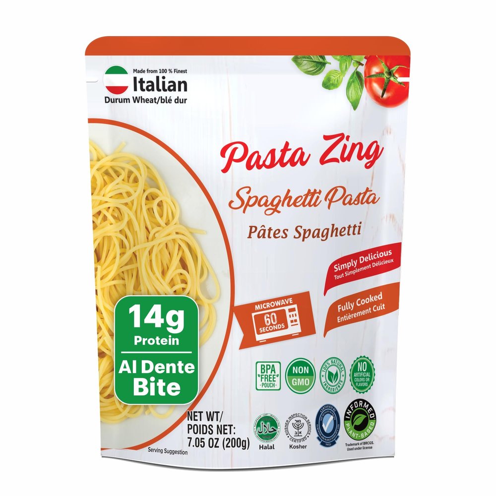 Pasta Zing Fully Cooked Spaghetti Pasta, Ready to Eat in 1 Minute, 14g Protein per Pack, Al Dente Bite, Shelf-Stable Italian Durum Wheat Pasta, BPA-Free Pouch, 7.05 oz Pack of 7