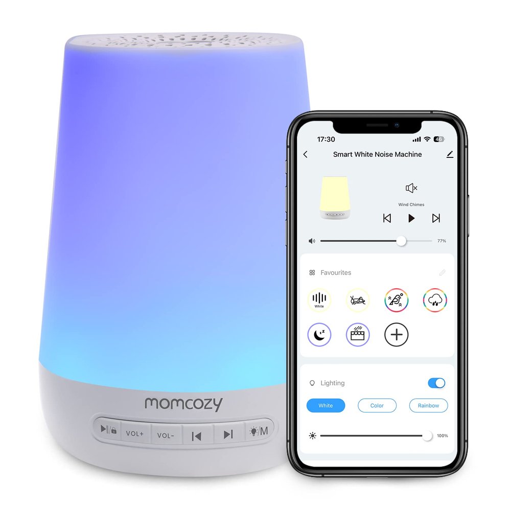 Baby Sound Machine, Momcozy White Noise Machine for Baby Sleeping with Night Light, Toddler Sleep Trainer 34 Soothing Sleep Sounds, Timer, App Remote Control, Personal Sleep Routine Alarm Clock(Blue)