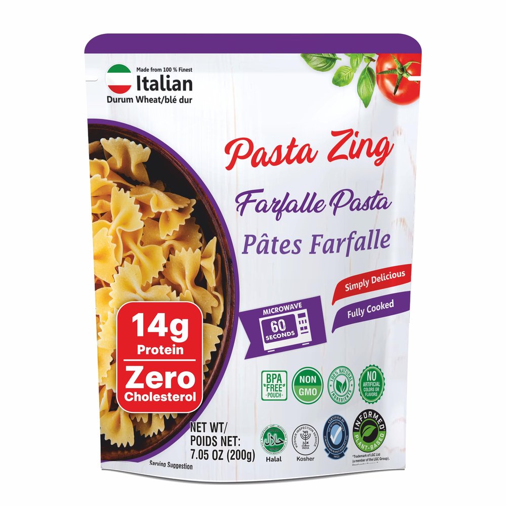 Pasta Zing Farfalle Pasta, Authentic Italian Al-Dente Texture, Ready in 1 Minute, 14g Protein 4g Fiber, Made with 100% Durum Wheat, Zero Sodium, Clean Label Shelf-Stable, 7.05 oz Pouch, Pack of 7