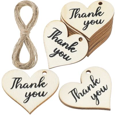 100 Pieces Thank You Tags Wood Thank You Gift Tags with String Heart Shape for Baby Shower Wedding Party Favor
