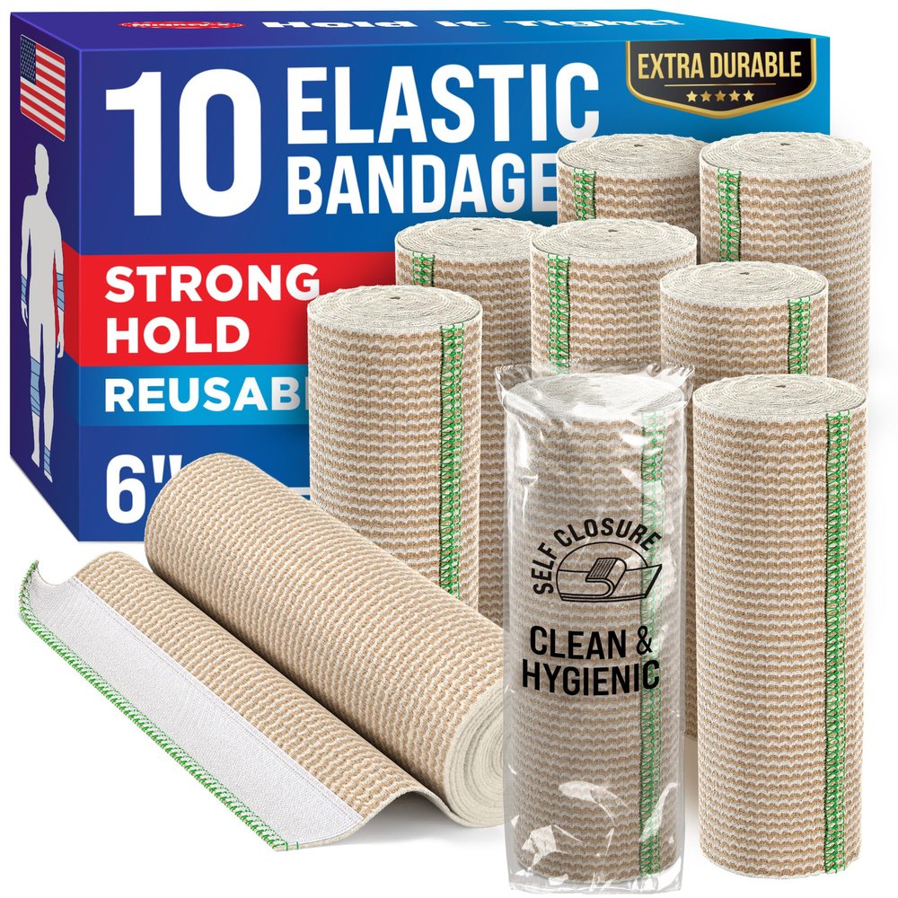Elastic Bandage Wrap - 6 (10pk) - Strong Compression - Self-Closing Wide Bandages for Legs, Knee, Back, Abdomen, Lymphedema - Reusable Tummy Body Wrap - for First Aid Kit & After Surgery Recovery