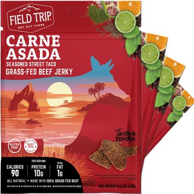 Field Trip Grass Fed Beef Jerky, Healthy Gluten Free Snacks, All Natural, High Protein, Low Carb Snack with No Nitrates, 2.2oz, 4 Pack, Carne Asada