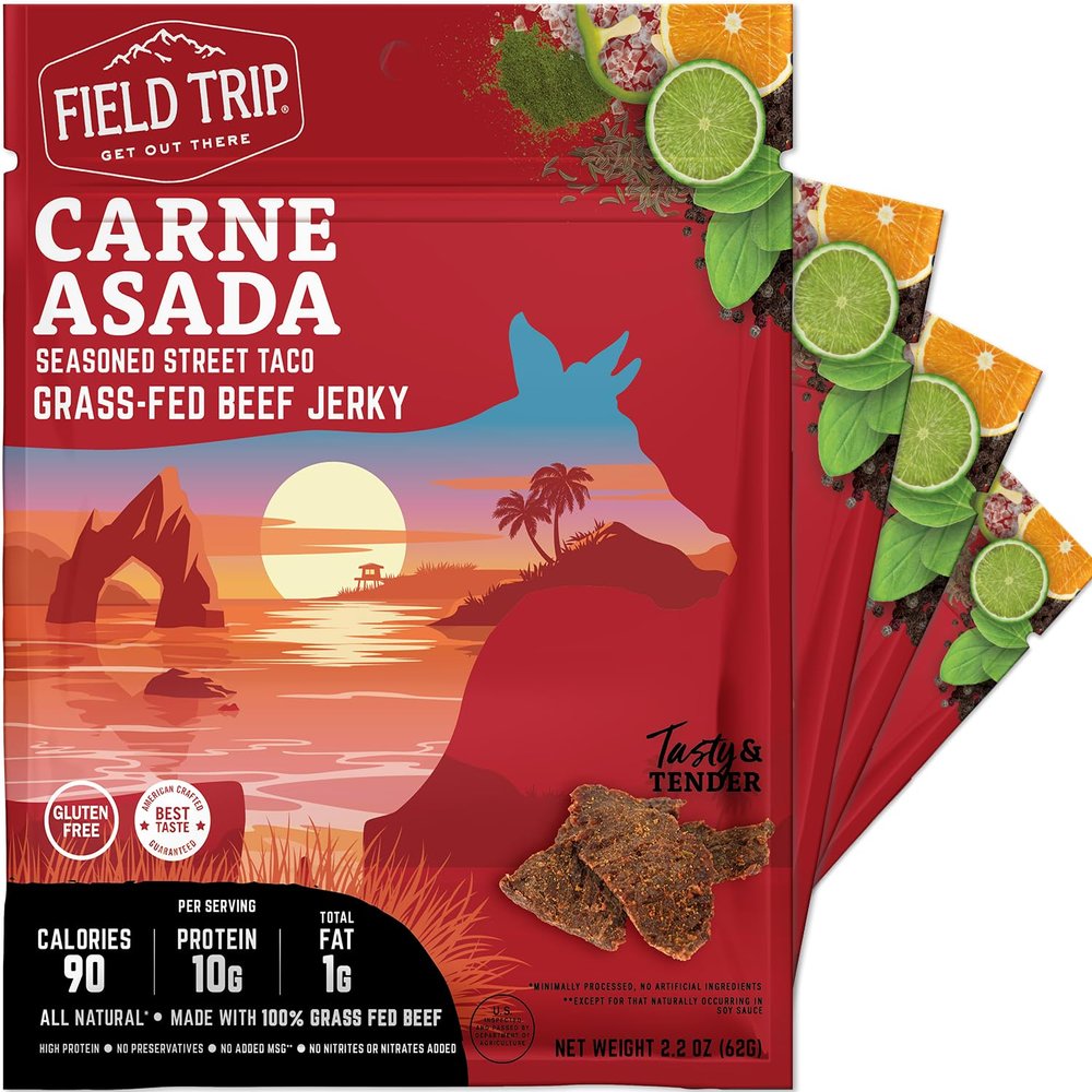 Field Trip Grass Fed Beef Jerky, Healthy Gluten Free Snacks, All Natural, High Protein, Low Carb Snack with No Nitrates, 2.2oz, 4 Pack, Carne Asada