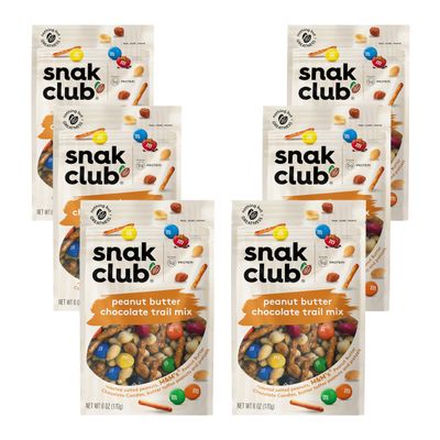 Snak Club Peanut Butter Chocolate Trail Mix with Peanuts, Peanut Butter M&MS, Toffee Peanuts, and Pretzels, 6 oz Per Bag, 6 Resealable Bags
