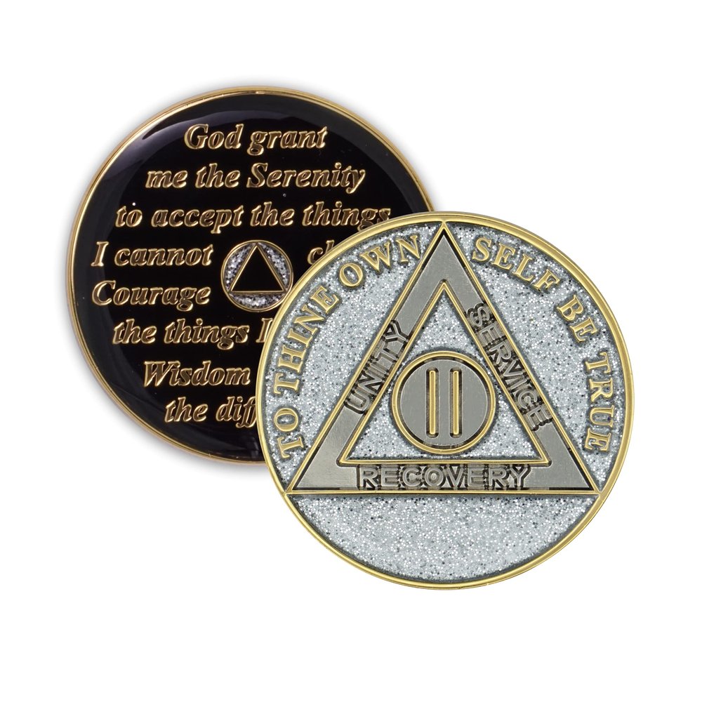 2 Year Sobriety Coin | Glitter Triplate AA Chip Recovery Anniversary Token (Silver)