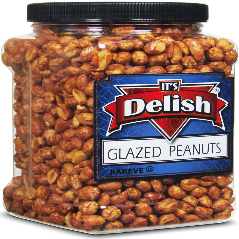 Gourmet Glazed Peanuts by Its Delish, 40 Oz Jumbo Reusable Container (Jar)  Vegan, Kosher, Non-GMO, No Artificial Flavors  Lightly Sweetened for Salads, Snacking, Ice Cream Granola & Yogurt Topping
