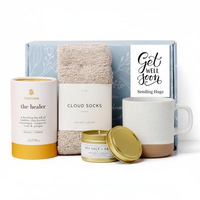 Unboxme Comforting Care Package for Women - Organic Self-Care Get Well Soon Gift Basket with Fluffy Socks, Lemon Ginger Tea Set, Sea Salt, Scented Candle - Ideal Post-Surgery & Feel Better Basket