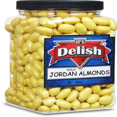 Gold Jordan Almonds by Its Delish, 3.75 lbs (60 Oz) Jumbo Container | Candied Almond Nut with Sweet Hard Candy Coating - Bulk Wedding Favors and Party Buffets, Gold Theme Parties - Vegan & Kosher