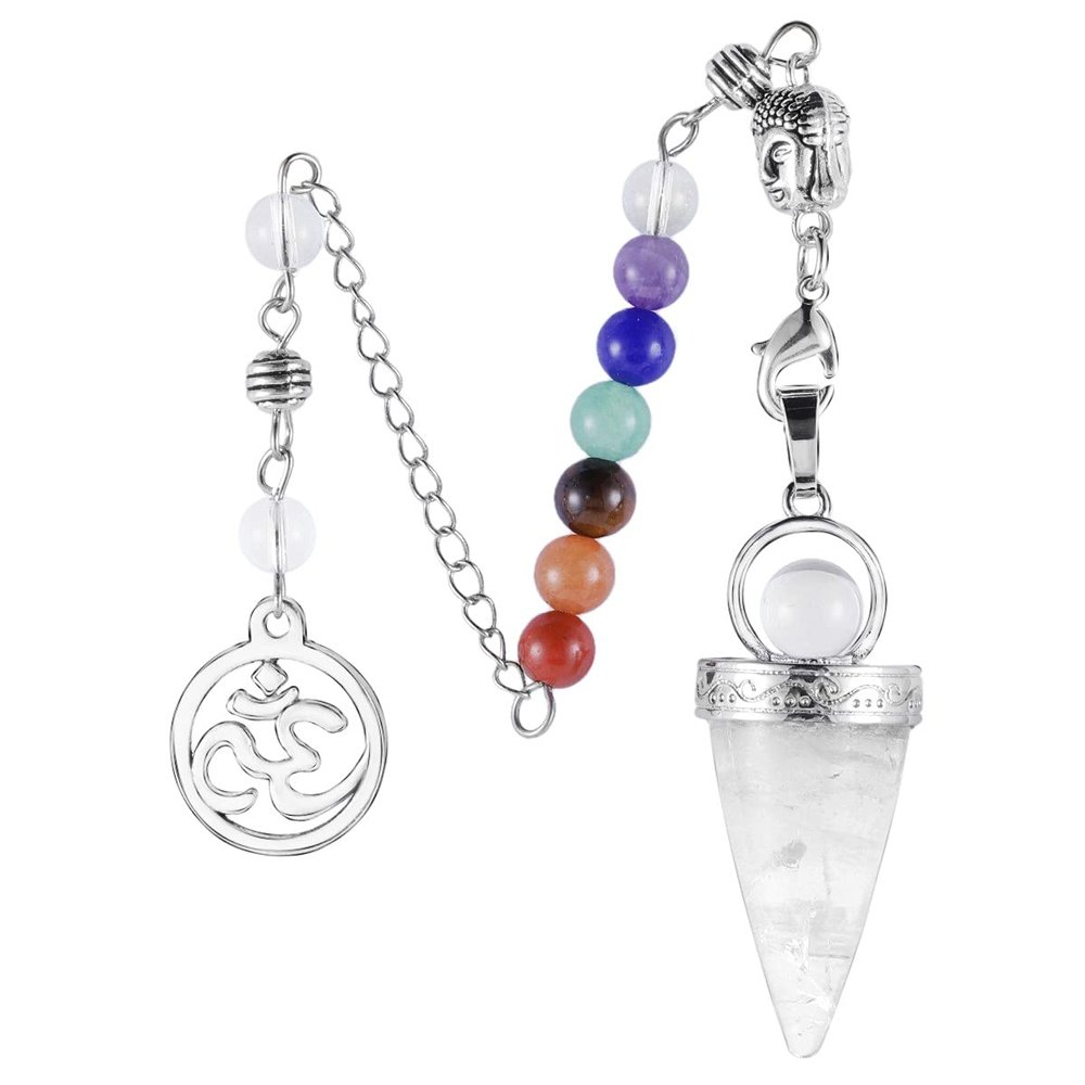 SUNYIK Natural 7 Chakra Crystal Point Pendulum for Dowsing Divination, Buddha Head Cone Pendulum with 7 Chakra Beads Chain 7.5'', Rock Quartz
