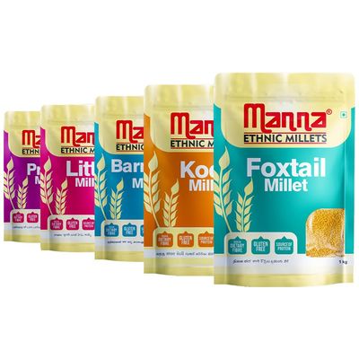 Manna Millets 5kg - Natural Grains Combo Pack of 5 Foxtail 1kg, Kodo 1kg, Little 1kg, Barnyard 1kg, Proso 1kg