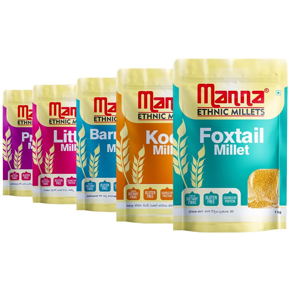 Manna Millets 5kg - Natural Grains Combo Pack of 5 Foxtail 1kg, Kodo 1kg, Little 1kg, Barnyard 1kg, Proso 1kg