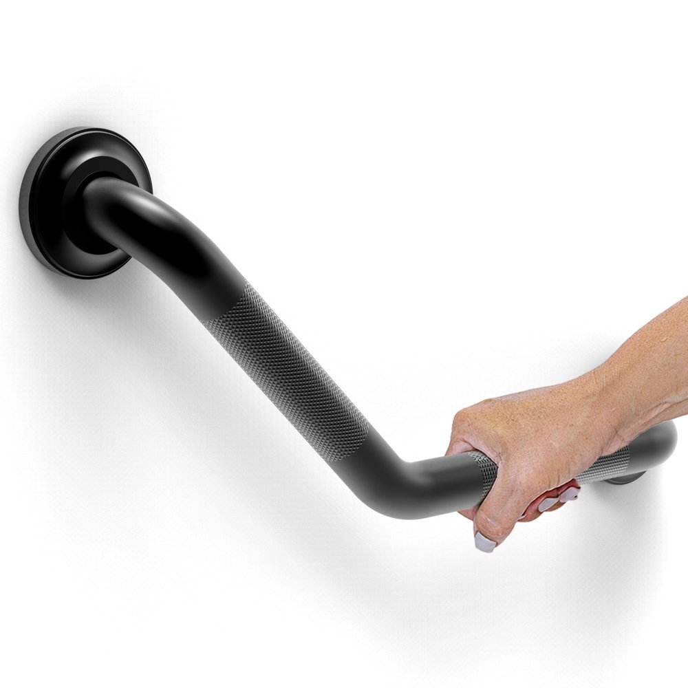 AquaChase 1-1/4 x 16in Angled Grab Bar for Stud Mount with Knurled Grip, Bathroom Mobility Aid, ADA Compliant Heavy Duty 500lbs Support, Rustproof Stainless Steel (Matte Black)