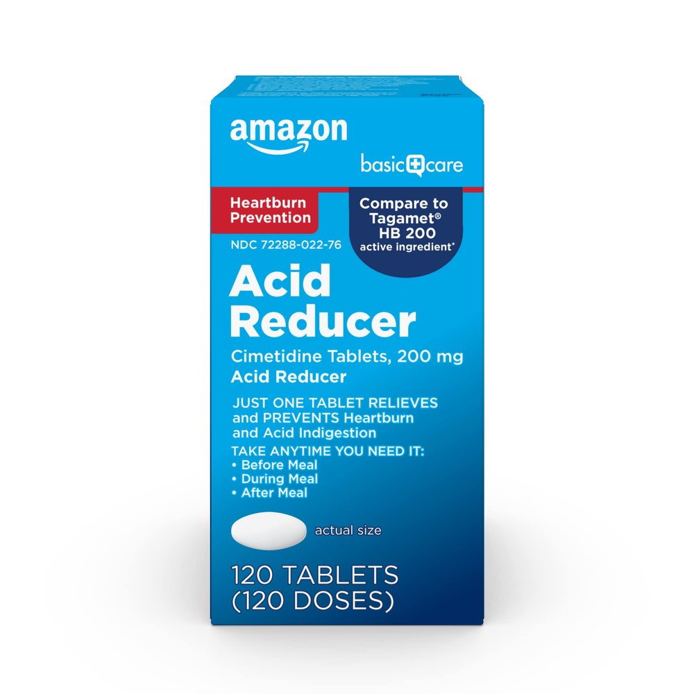 Amazon Basic Care Cimetidine Coated Tablets 200 mg, Acid Reducer, Heartburn Medicine, Indigestion Relief, 120 Count