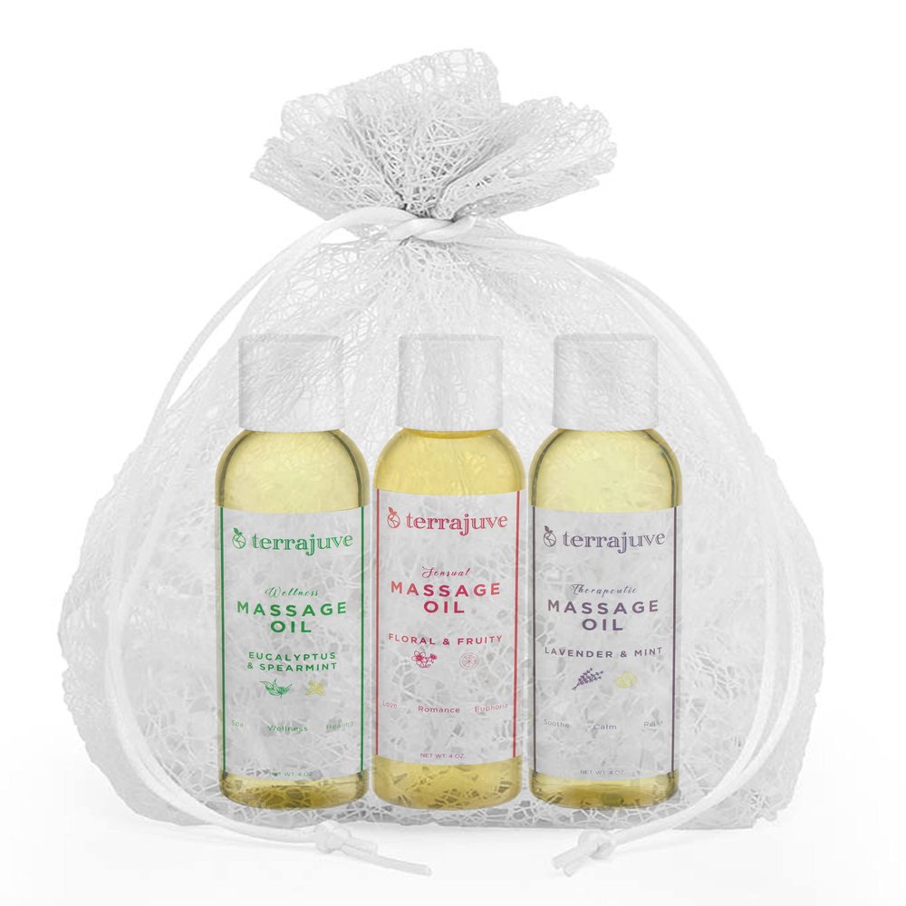 3 Pack Aromatherapy Eucalyptus and Spearmint, Floral and Fruity, & Lavender and Mint Massage Oils Set Wrapped in Organza Bag, Pure, Organic, All Natural, Made in USA