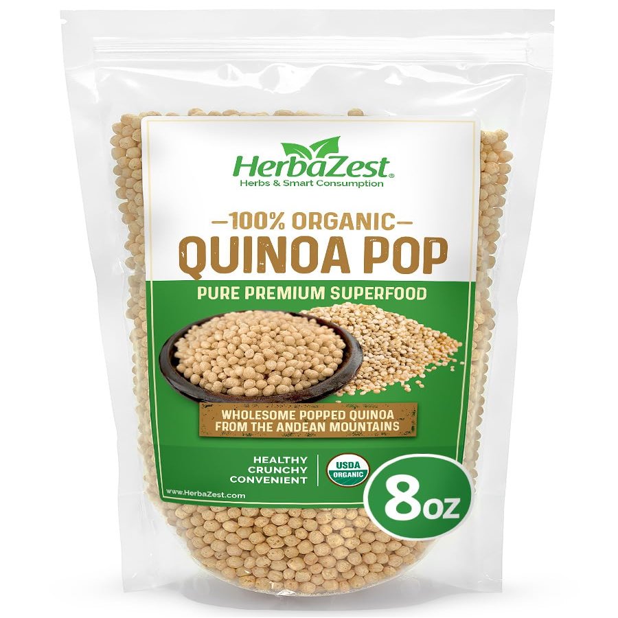 HerbaZest Quinoa Pop Organic  Wholesome & Convenient  Vegan, Gluten Free & USDA Certified  New Bigger 8 oz Pack - Easy to Use with Yogurt & Cereal, Granola & Muesli, Salads, Snacks & Desserts