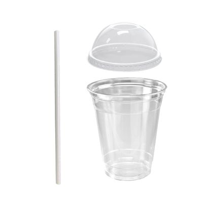 12 oz Crystal Clear Plastic Cups With Dome lids and Paper Straws - For Summary Beverage (100)