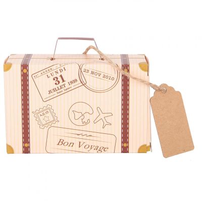 50Pcs Travel Themed Suitcase Candy Boxes, Vintage Kraft Paper with Tags and Burlap Twine for Travel Theme Party, Wedding, Birthday, Bridal Shower