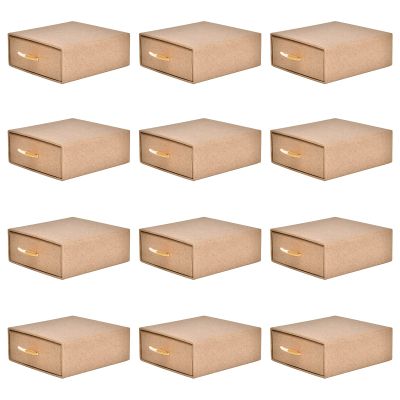 12 Pack Set Cardboard Drawer Display Jewelry Boxes, Driew 3.5x3.5 1.4inch Kraft aper Gift Boxes Thick Paper Box Bulk Jewelry Gift Packaging Gift Case Sponge Insert and Lids Small Kraft Paper Box for