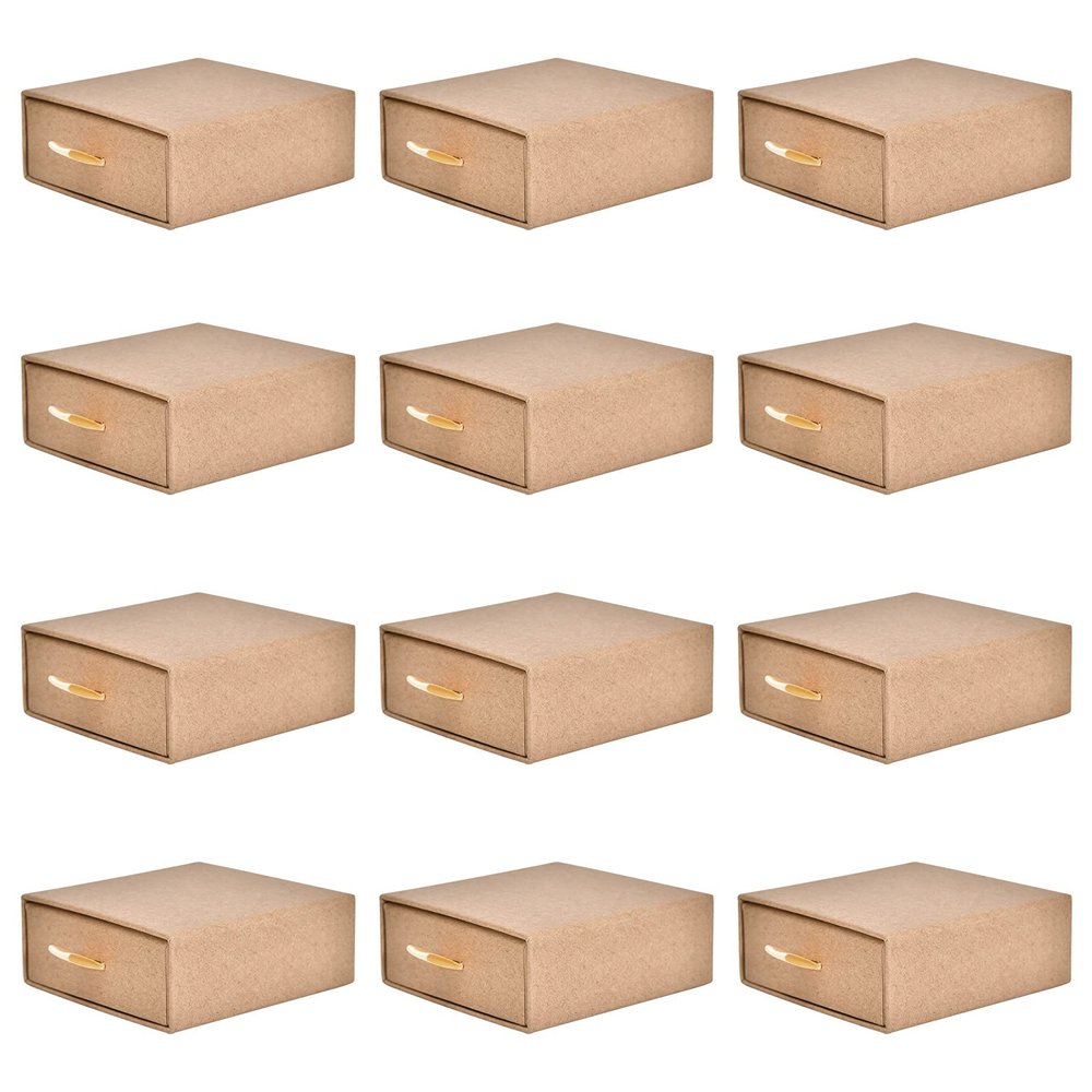 12 Pack Set Cardboard Drawer Display Jewelry Boxes, Driew 3.5x3.5 1.4inch Kraft aper Gift Boxes Thick Paper Box Bulk Jewelry Gift Packaging Gift Case Sponge Insert and Lids Small Kraft Paper Box for