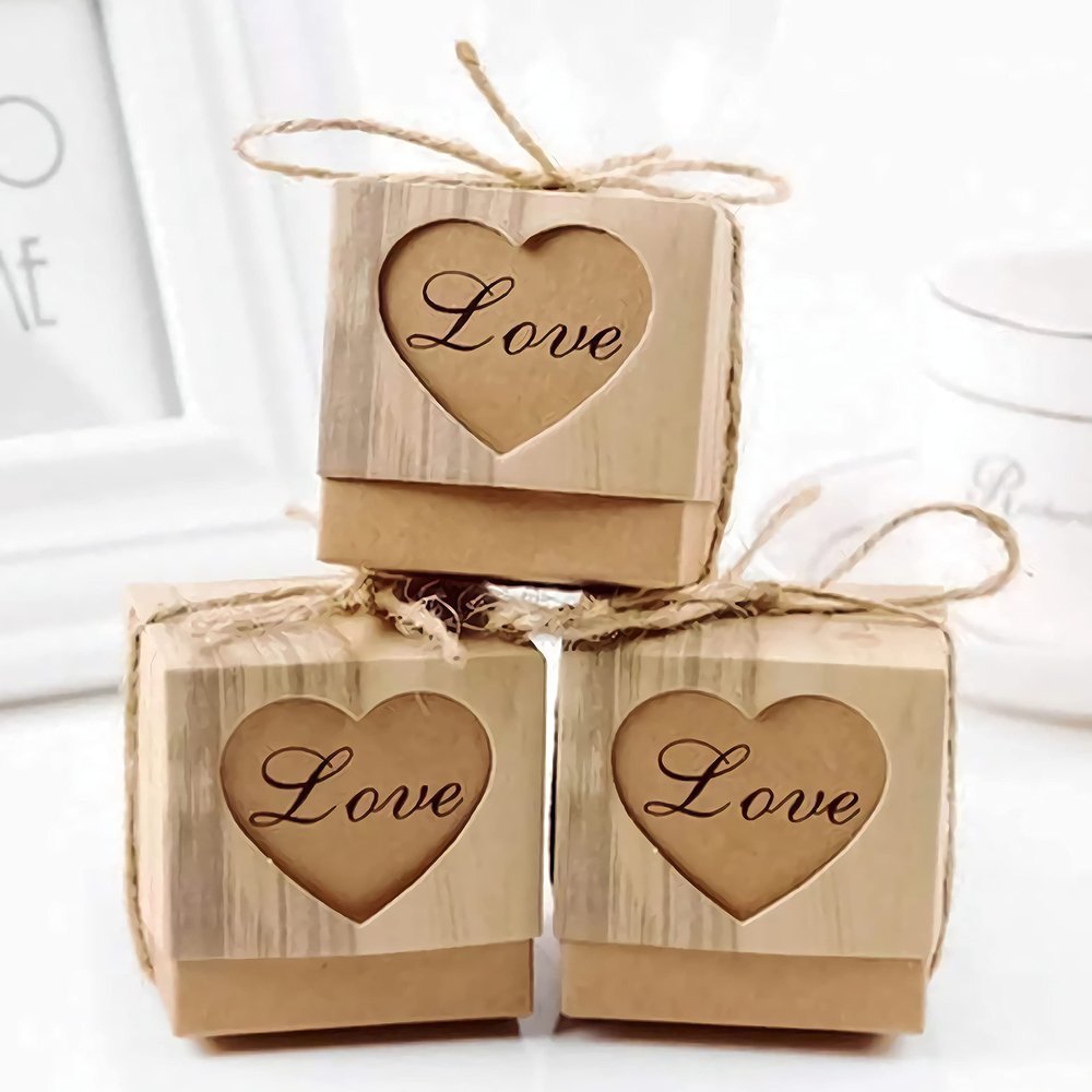 Worldoor Rustic Candy Boxes,100pcs Wedding Favor Boxes,Love Kraft Bonbonniere Paper Gift Boxes with Burlap Jute Twine for Bridal Shower Wedding Birthday Party Rustic Wedding Christmas Decorations