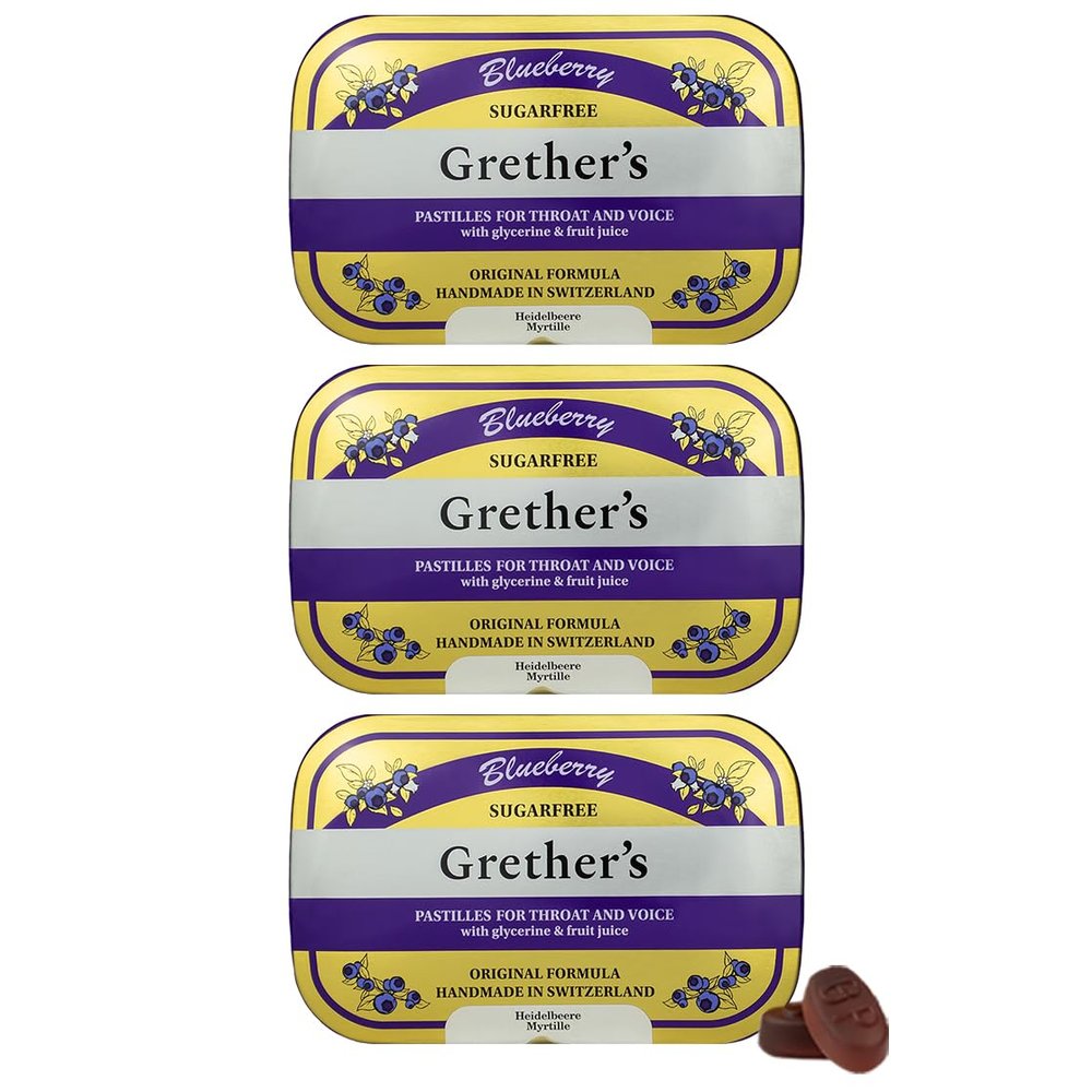 GRETHER'S Sugarfree Blueberry Pastilles - Natural Dry Mouth Relief - Soothing Throat & Healthy Voice - Gift for Singers - 3.75 oz. 3 Pack