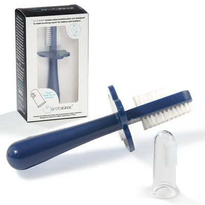 grabease Toddler Toothbrush - Double-Sided Soft Silicone Bristles & Anti-Choke Shield - Baby Toothbrush & Finger Brush for 12+ Months - Navy, 1 Count