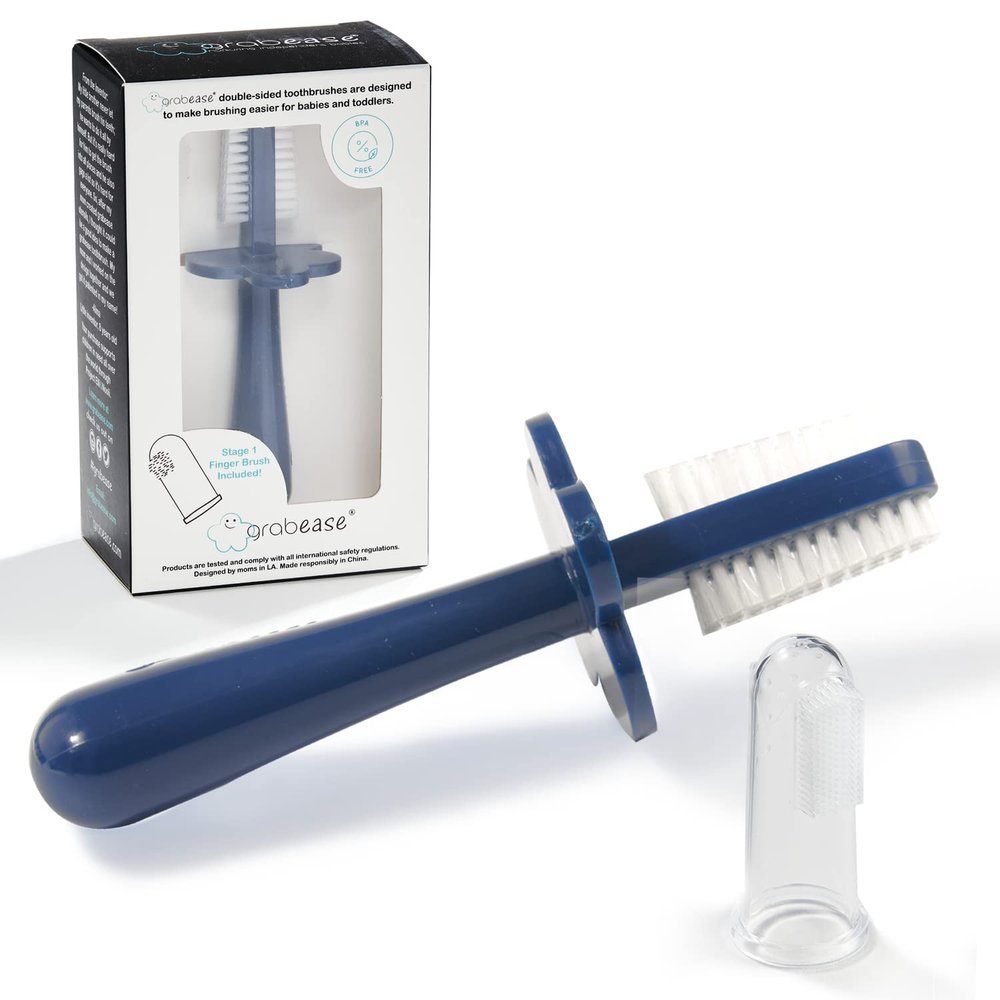 grabease Toddler Toothbrush - Double-Sided Soft Silicone Bristles & Anti-Choke Shield - Baby Toothbrush & Finger Brush for 12+ Months - Navy, 1 Count