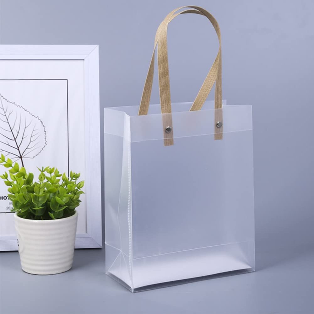 10Pack Clear Gift Bags with Handles Bulk Clear Bouquet Bags PVC Gift Bags Clear Tote Bags Party Favors Bags for Wedding Birthdays Bridal Showers Festival Treat Bag White Frosted Bags Retail Bags