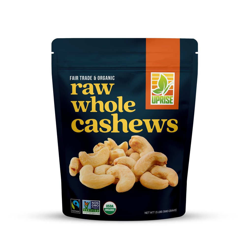 Fair Trade Organic Raw Cashews W320 (1.5 lb) Whole Unsalted Cashews for Snacking, Cooking, Baking & Trail Mix USDA Organic, Non-GMO, Gluten-Free, Vegan, Healthy Nuts in Resealable Pouch