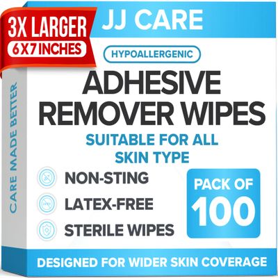 JJ CARE Adhesive Remover Wipes (Pack of 100) 6x7 Large Stoma Wipe, Individually Packed No Sting Medical Adhesive Remover for Skin, Ostomy, Stoma, Colostomy Devices and Dressings