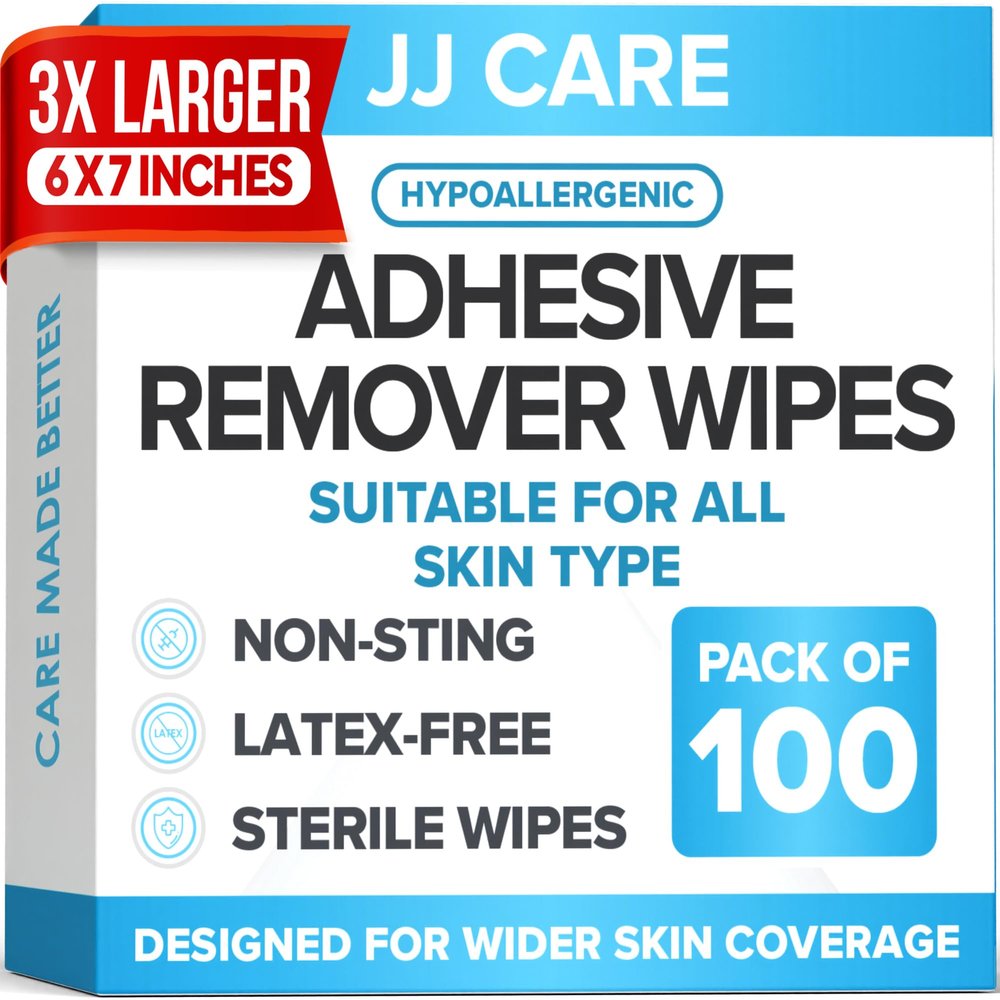 JJ CARE Adhesive Remover Wipes (Pack of 100) 6x7 Large Stoma Wipe, Individually Packed No Sting Medical Adhesive Remover for Skin, Ostomy, Stoma, Colostomy Devices and Dressings