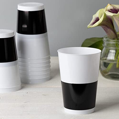 [12 Oz - 10 pk White-Black] Clear Plastic With Silver Band Goblets Wine Glasses BPA Free 12 Oz Disposable Elegant Drink Cups for Parties Wedding Receptions Reusable Tumblers for EZ CleanUp 10 Pack