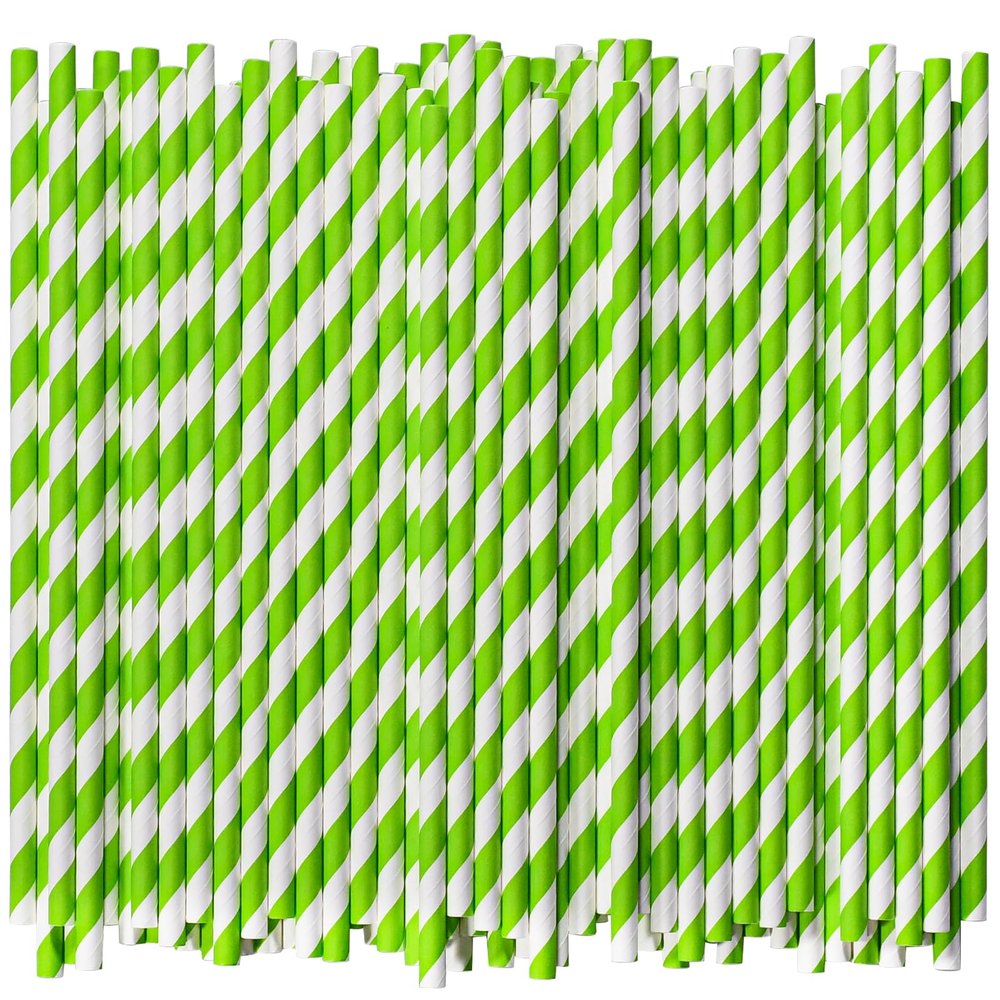 [1000 Count] 7.75 Inch Green/White Striped Paper Drinking Straws Bulk, 100% Biodegradable