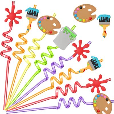 25 Reusable Art Painting Straws for Sip and Paint Brushes Birthday Party Supplies Decorations Favors,Welcome Back to School Party Supplies Gift with 2 Cleaning Brushes