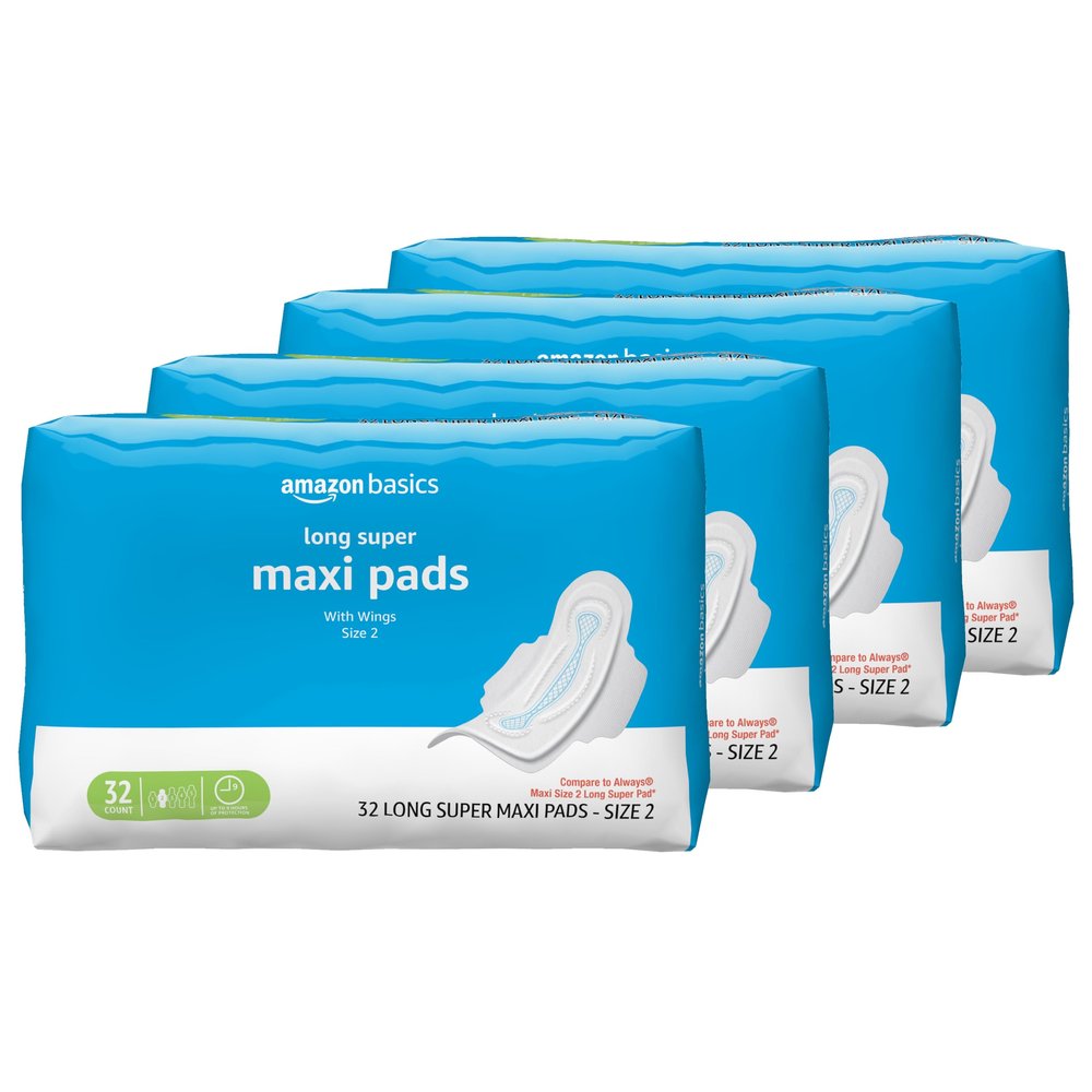 Amazon Basics Thick Feminine Maxi Pads with Flexi-Wings for Periods - Long Length, Super Absorbency, Unscented, Size 2, 128 Count (4 Packs of 32)
