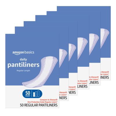 Amazon Basics Daily Pantiliner, Regular Length, Feminine Pads for Women, Unscented, 300 Count (6 Packs of 50) (Previously Solimo)