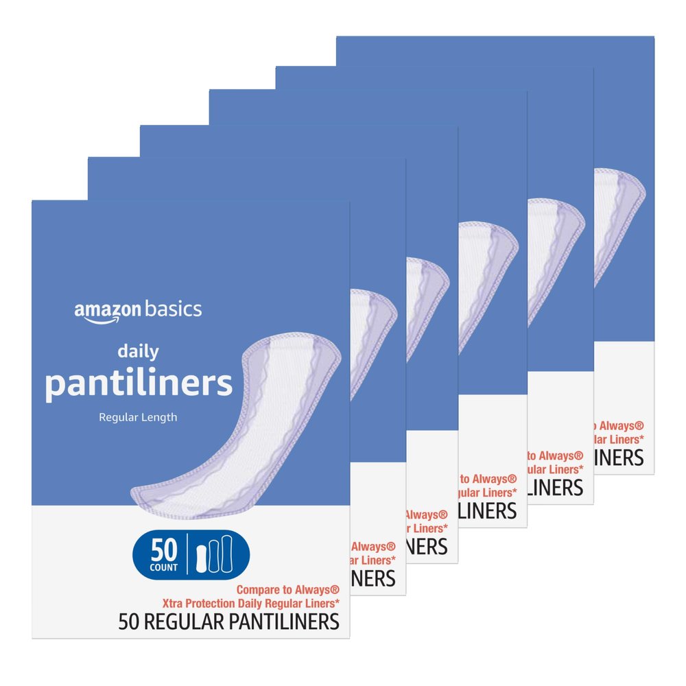 Amazon Basics Daily Pantiliner, Regular Length, Feminine Pads for Women, Unscented, 300 Count (6 Packs of 50) (Previously Solimo)