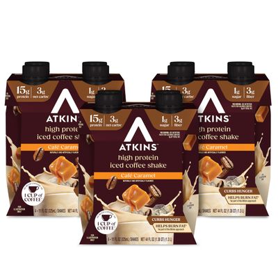 Atkins Caf Caramel Iced Coffee Flavored Protein Shake, High Protein Shake, Low Glycemic, Low Carb and Low Sugar, Keto Friendly, Gluten Free, 12 Count