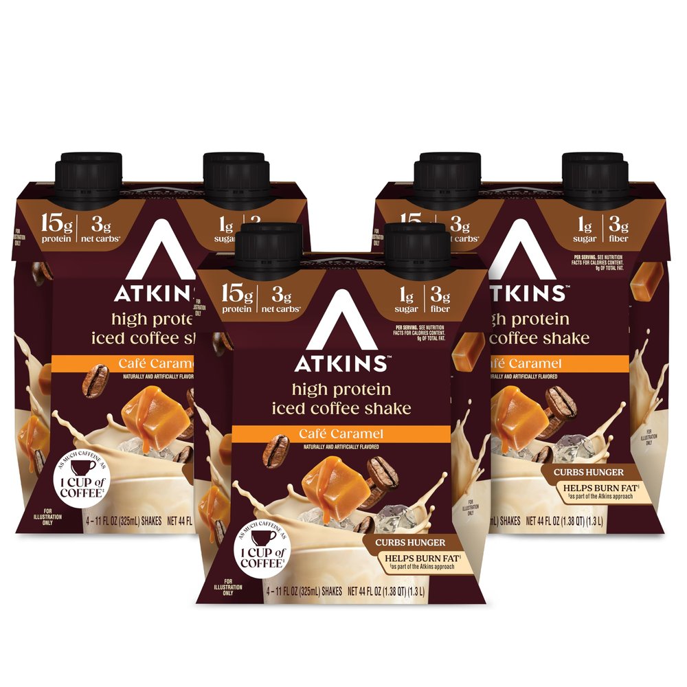 Atkins Caf Caramel Iced Coffee Flavored Protein Shake, High Protein Shake, Low Glycemic, Low Carb and Low Sugar, Keto Friendly, Gluten Free, 12 Count