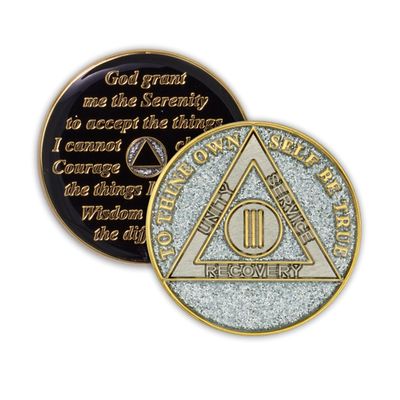 3 Year Sobriety Coin | Glitter Triplate AA Chip Recovery Anniversary Token (Silver)