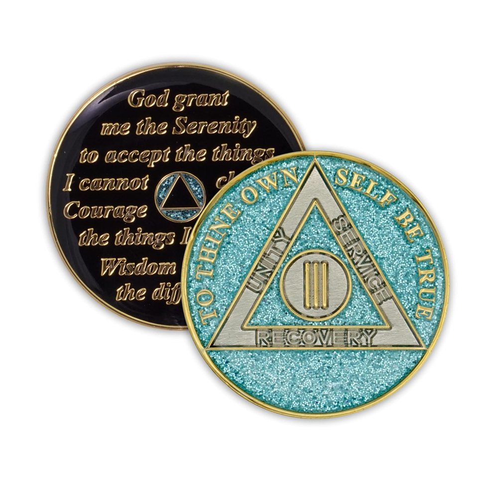 3 Year Sobriety Coin | Glitter Triplate AA Chip Recovery Anniversary Token (Blue)