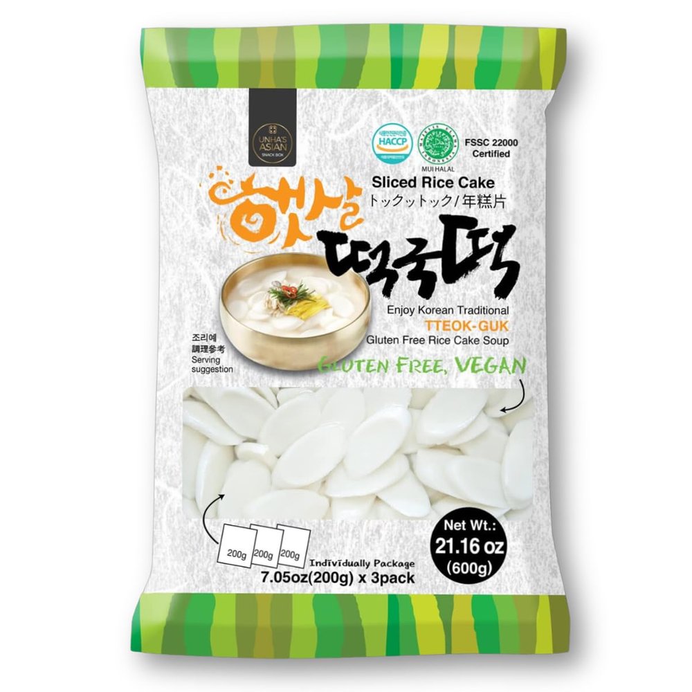 Korean Sliced Rice Cakes Chewy Tteok for Tteokbokki and Tteokguk, Vegan, Gluten-Free, Non-GMO, 21.16 oz (3 x 7.05 oz Bags) (1 Pack)