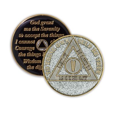 5 Year Sobriety Coin | Glitter Triplate AA Chip Recovery Anniversary Token (Silver)