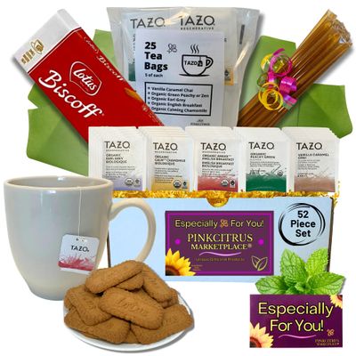 Tea And Cookie Lovers Gift Set Basket Box Care Package With Honey Sticks And White Bistro Mug Thinking Of You, Get Well Soon, Birthday Ideas For Women, Men, Family And Friends
