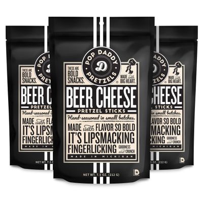 Pop Daddy Flavored Pretzels Sticks, Healthy Gourmet Pretzels Snacks, 7.5oz Individual Bags, 3 Pack, Beer Cheese