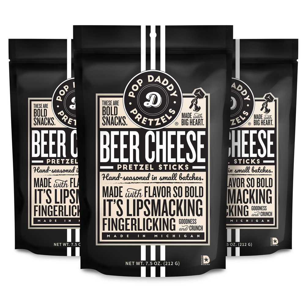 Pop Daddy Flavored Pretzels Sticks, Healthy Gourmet Pretzels Snacks, 7.5oz Individual Bags, 3 Pack, Beer Cheese