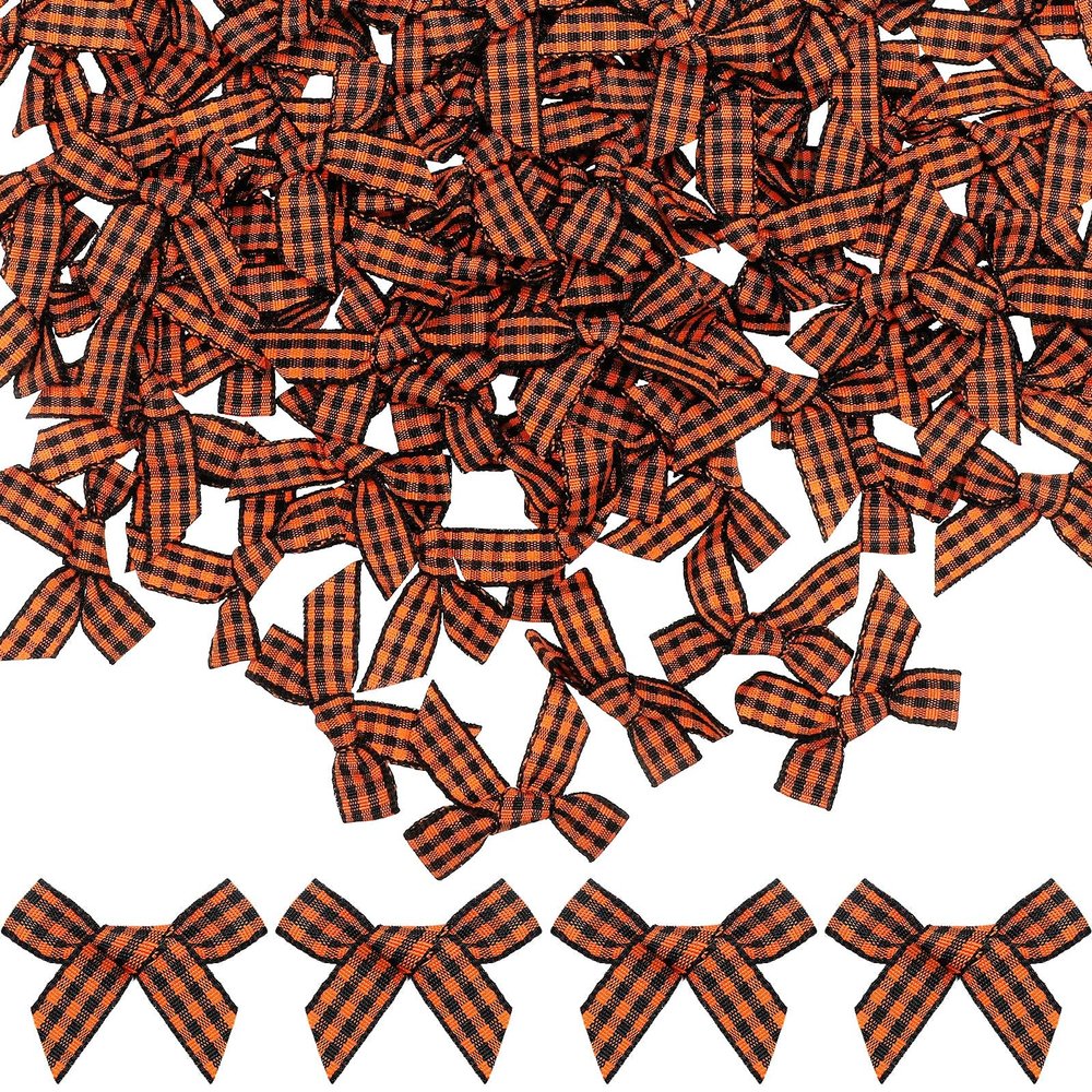 120 Pieces Mini Bows for Thanksgiving Fall Orange Buffalo Plaid Checkered Bow Autumn Thanksgiving Orange Bows for Crafts Decoration Home DIY Making