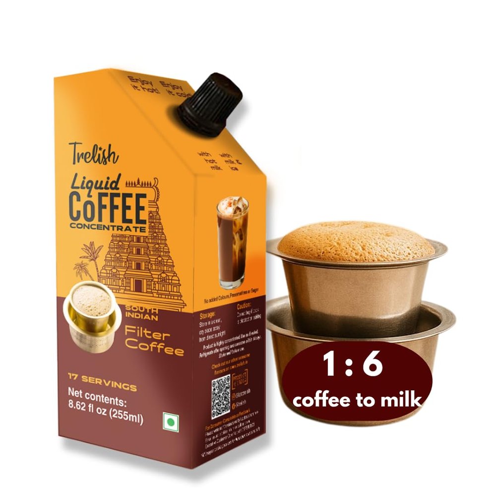 Trelish Coffee Concentrate - South Indian Filter | 17 servings-8.62 fl oz| Perfect for authentic South Indian filter coffee, Sugar Free, Shelf Stable, No Refrigeration, Travel Friendly |