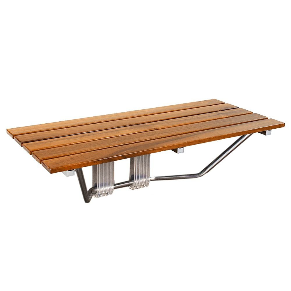 36" ADA Compliant Foldable Teak Wood Shower Seat Bench, 400lb Capacity, Clear Coated for Extra Protection, Folding Wall Mount Modern Chrome, Medical Fold Up Bathroom Stool Chair