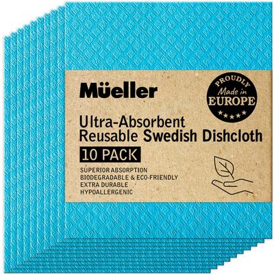 Mueller Swedish Dish Cloths, 10 Pack Reusable Hand Towels for Kitchen, Counters & Washing Dishes, Extra Durable, Ultra-Absorbent, Cellulose Sponge, Eco Friendly and Hypoallergenic, Gifts, Blue